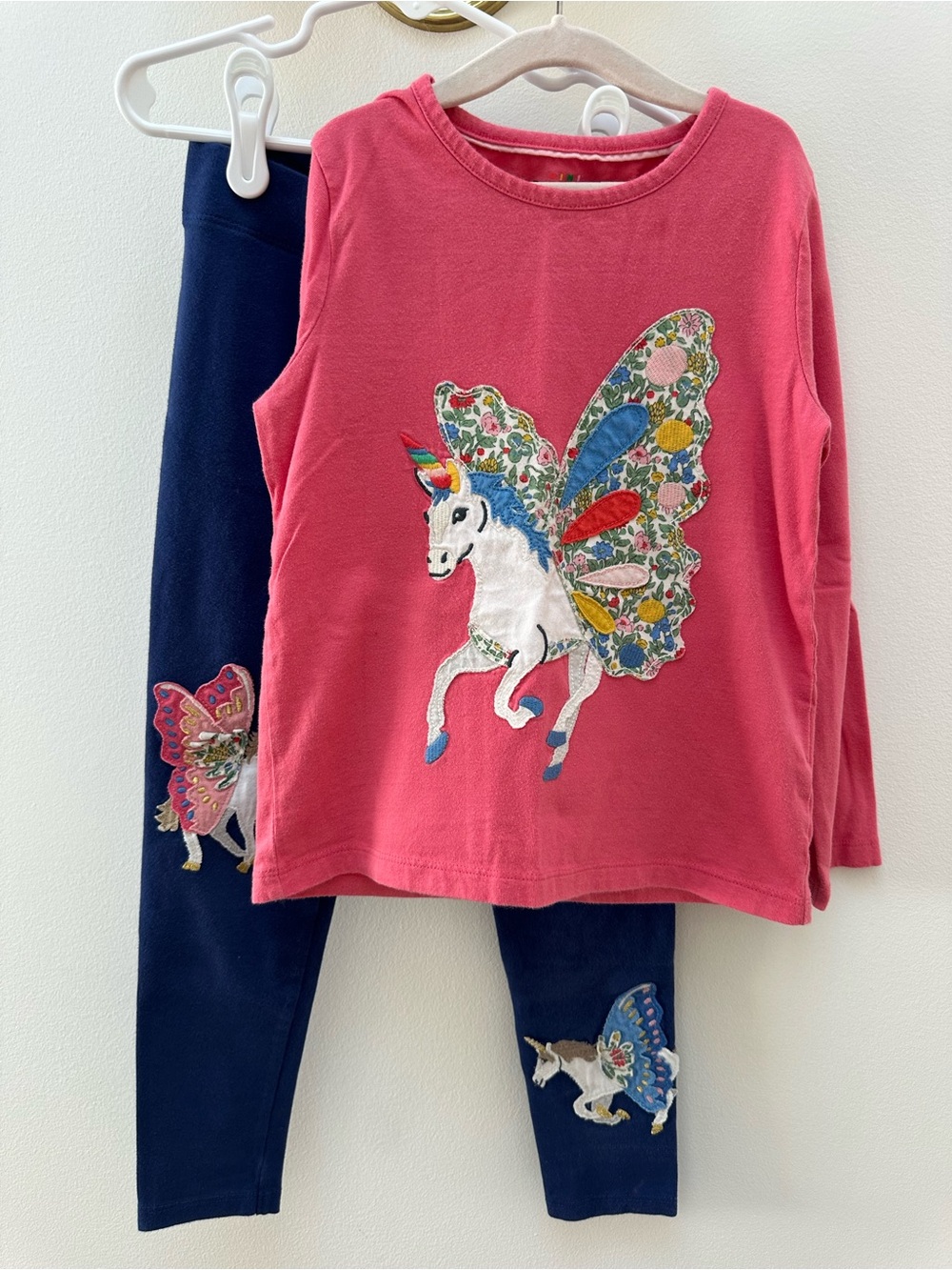 Mini Boden Girls 5-6Y Unicorn Top & Leggings Set Navy Pink Floral Appliqué